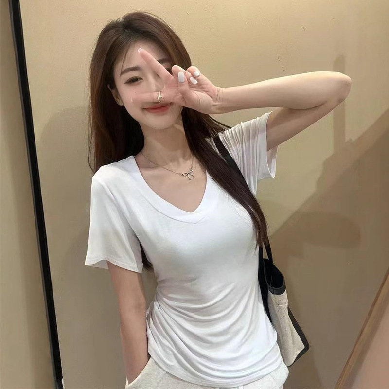 女装纯色v领短袖正肩女t恤衣衫夏季腰修身掐腰显瘦打底衫夏日穿搭|undefined