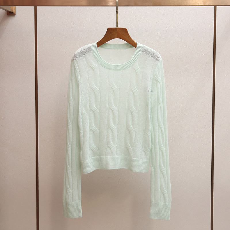 Shenzhen Nanyou High-End Women's Clothing Spring New Style Light Mature Style Light-Colored Round Neck Twist Striped Long-Sleeve Knit Sweater for Women