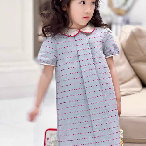 Girls' Italian polka dot curved print collar light blue short sleeve dress summer college style short skirt children's clothing