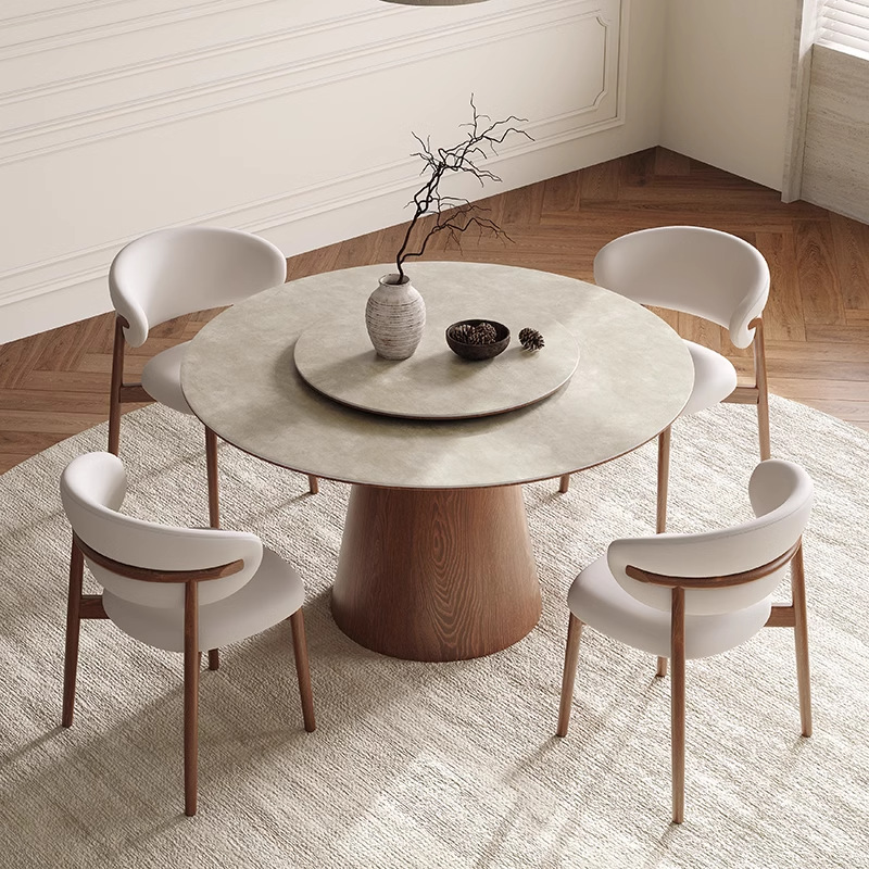 Mesa y silla de comedor de madera maciza francesa con mesa giratoria, mesa redonda de restaurante de color nuez moderna y simple