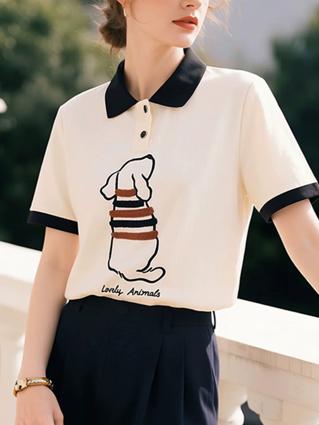 Áo thun polo nữ tay ngắn cổ bẻ phối màu in họa tiết form rộng — màu mơ