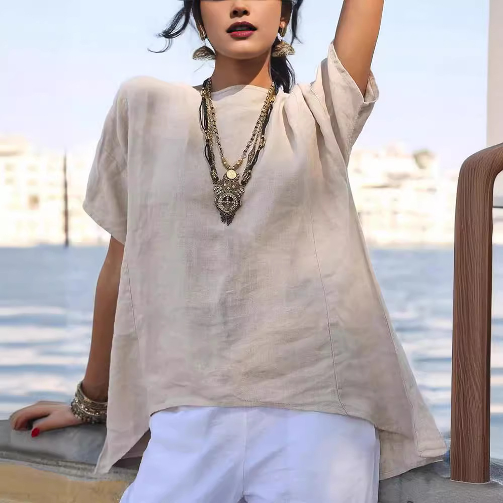 2024 European and American Cross-Border Spring and Summer Solid Color Cotton and Linen Shirts with Asymmetrical Hem Short-Sleeved Splicing Loose Round Neck Tops for Women