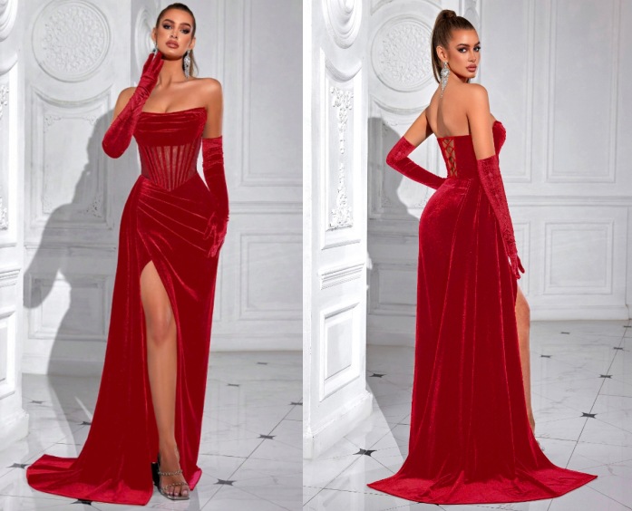 Nuevo vestido de terciopelo coreano transfronterizo sexy de hueso de pez, vestido de fiesta de pecho, vestido largo de alta gama al por mayor