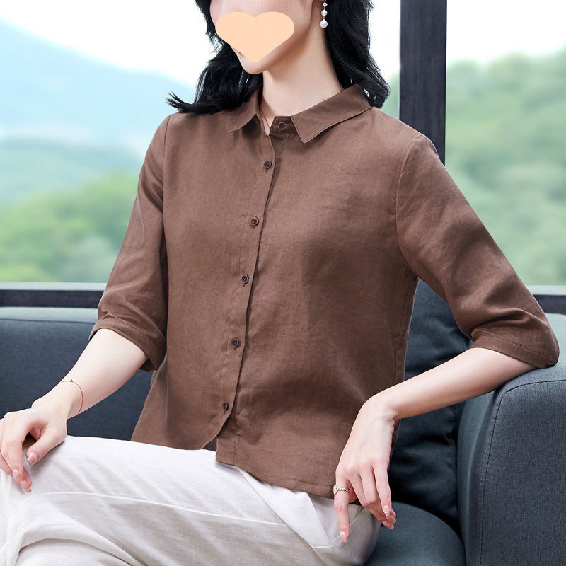 文艺衬衫女新款简约翻领遮肉显瘦透气减龄百搭上衣仿棉麻七分袖|undefined