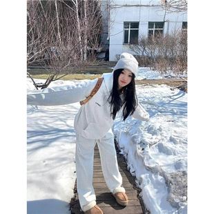 Autumn and Winter Casual Sweatshirt Sports suit Women's Fashion Hong Kong Style Slimming Age-reducing Wide Leg Pants Hooded Running Two-piece Fashionable Set