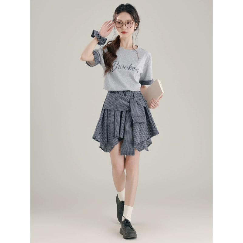 Свободная футболка в клетку в стиле пэчворк с короткими рукавами, ремешками и асимметричной клетчатой ​​юбкой для женщин