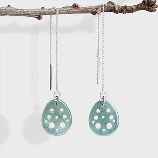 Natural A goods jade blue water lotus root ear line S925 silver inlaid ice jade stone antique personality female earrings earrings