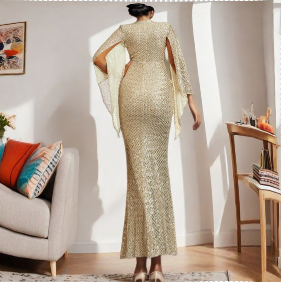 Nuevo vestido de noche de fiesta anual de lentejuelas doradas de un solo hombro con temperamento de otoño europeo y americano transfronterizo vestido de noche de banquete