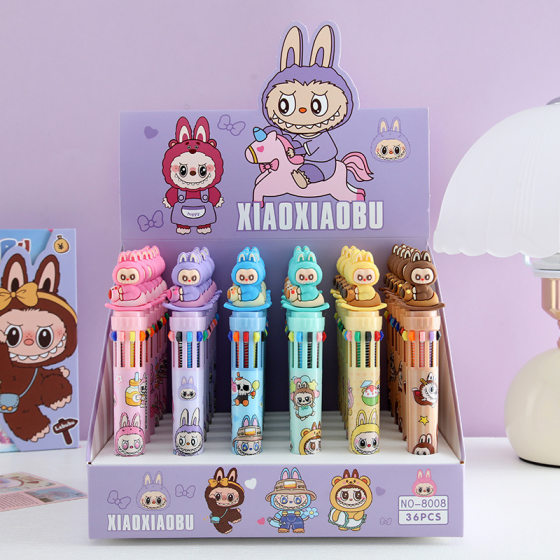 Cartoon LABUBU ten color pen doll ballpoint pen pen primary school students learning stationery cross-border foreign trade wholesale
