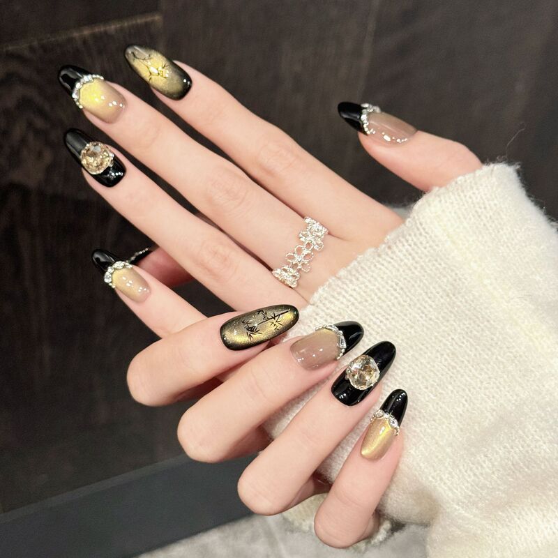 Rikaman Original [Golden Ink Bamboo Rhythm] Gold and Black Gradient Wearable Nail Bamboo Pattern Diamond Decoration New Short Fake Nails