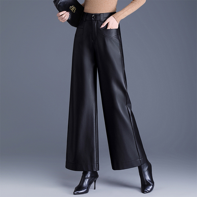 PU皮裤阔腿裤女冬季2025新款高腰垂感直筒裤显瘦百搭加绒休闲长裤