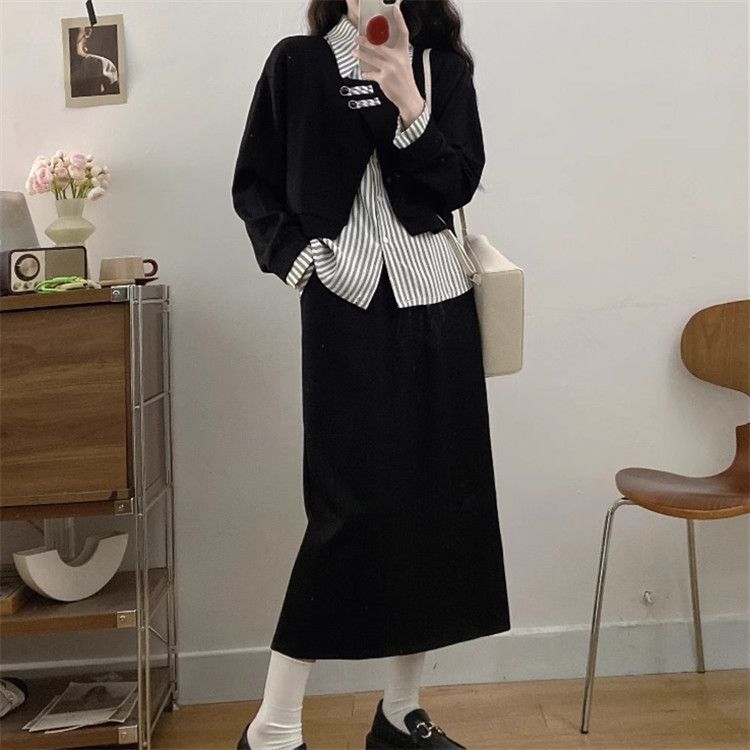 大码时尚显瘦套装裙女胖春秋宽松假两件衬衫领卫衣半身裙两件套|undefined
