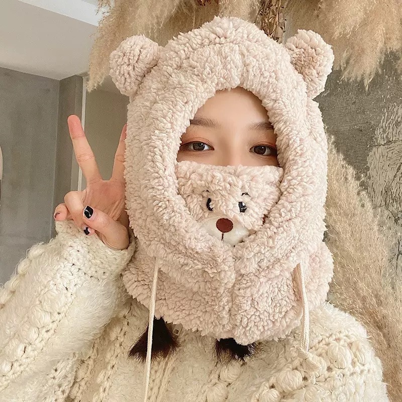 毛绒帽子围巾一体女冬围脖小熊可爱秋冬季洋气百搭时尚保暖护耳帽|undefined