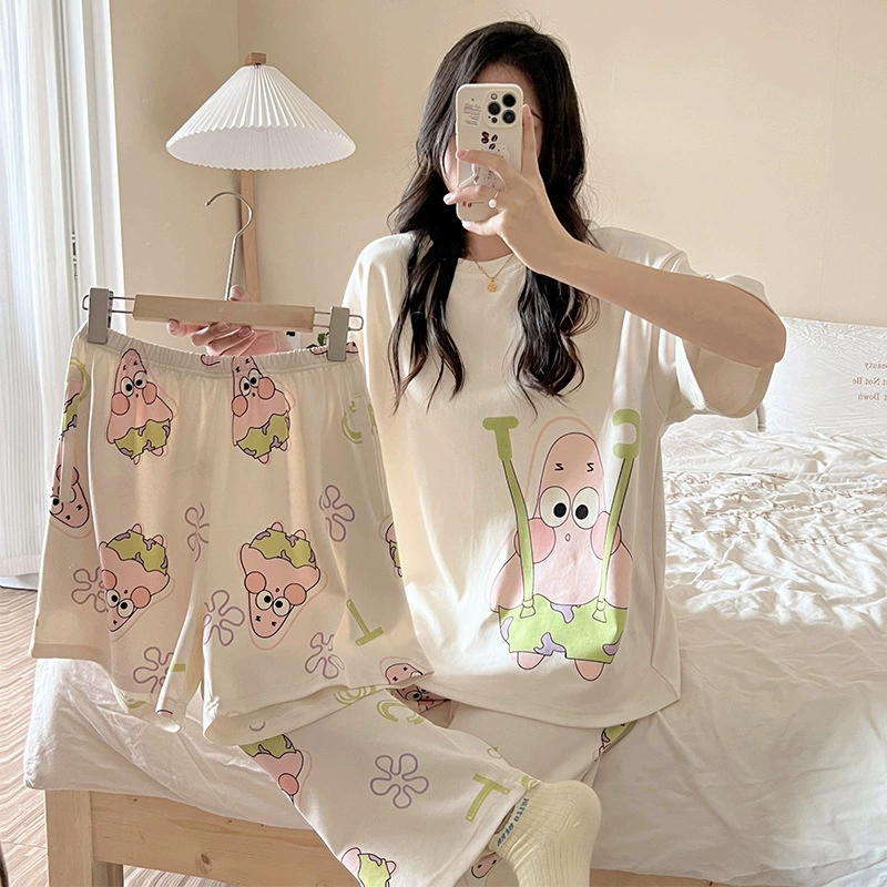 Пижама, женский летний костюм-тройка, тонкие брюки с короткими рукавами, верхняя одежда, повседневная Милая женская домашняя одежда с героями мультфильмов