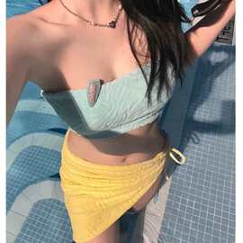 泰国分体拼色比基尼分体泳衣女三件套毛巾面料时尚性感泡温泉海边