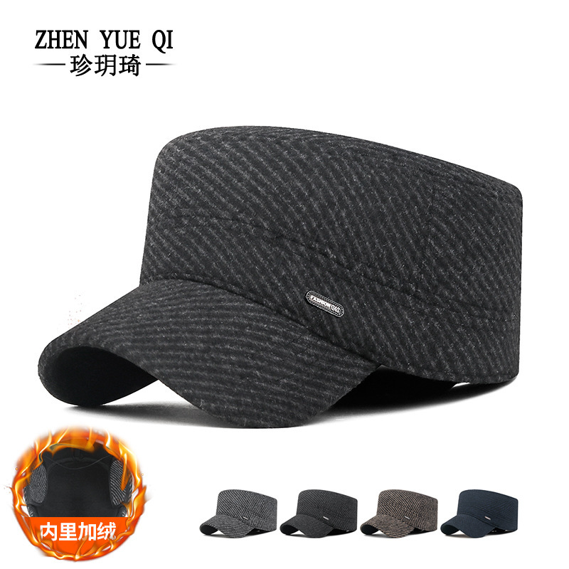 Autumn and winter fleece-lined warm woolen flat-top hat for men, thickened, for middle-aged and elderly fathers, cold-proof, ear-protecting, duck-tongue cap, cross-border Autumn and winter fleece-lined warm woolen flat-top hat for men, thickened, for middle-aged and elderly fathers, cold-proof, ear-protecting, duck-tongue cap, cross-border