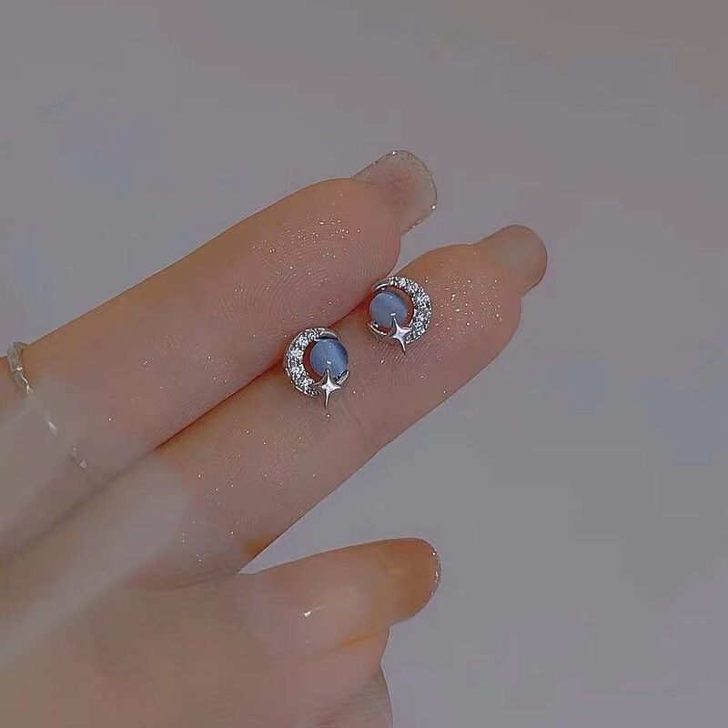 Blue Opal moon planet stud earrings 2023 new popular s925 silver needle niche temperament earrings female earrings