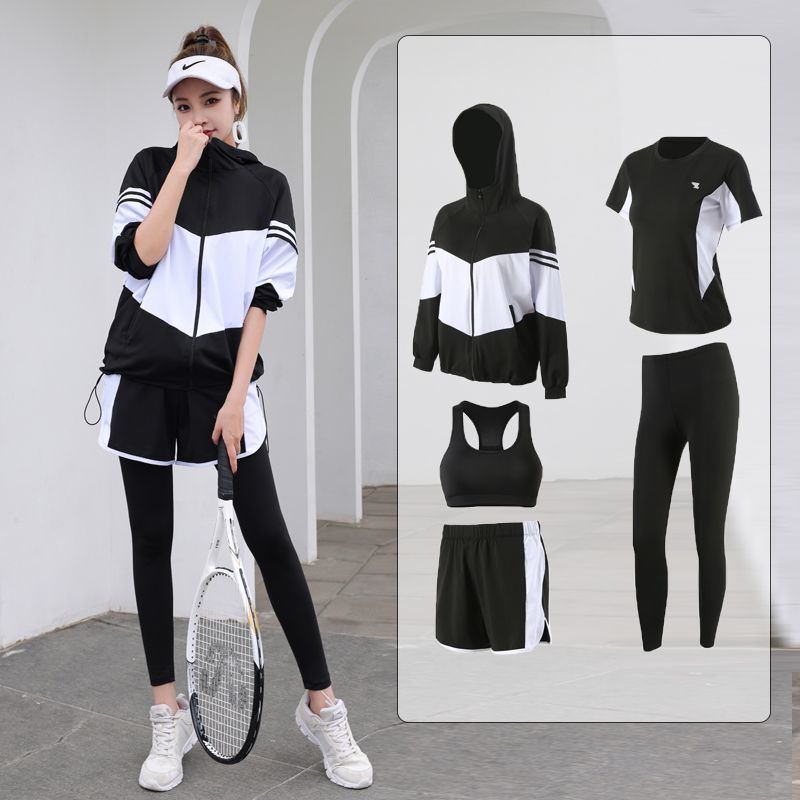 Yoga Sports Suit for Women 2024 Running Quick-Drying Clothing Loose Casual Five-Piece Set Outdoor Aerobics Aerobic Clothing Cross-Border