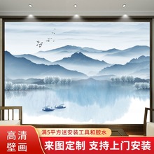 新中式山水電視背景牆壁畫布客廳卧室影視牆紙現代簡約8d花鳥牆布