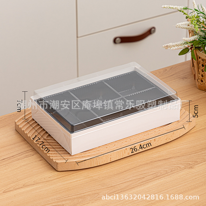 Caja de corte de frutas sin plegables, cuatro, cinco, seis cuadrículas de sushi, fruta fresca cortada, plástico transparente rectangular, caja de papel y plástico de tres piezas