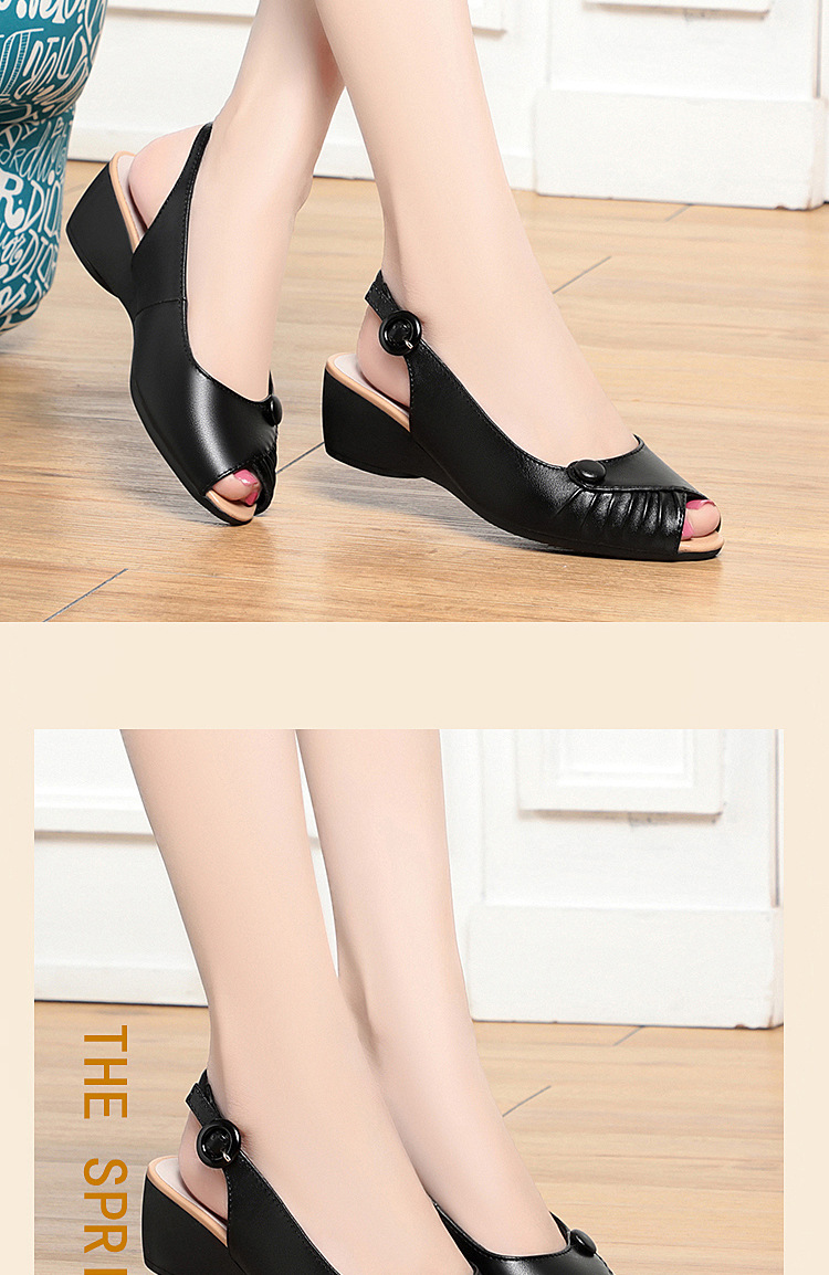 Sandal nữ quai ngang da thật gót dốc miệng cá — Màu đen chi tiết 12