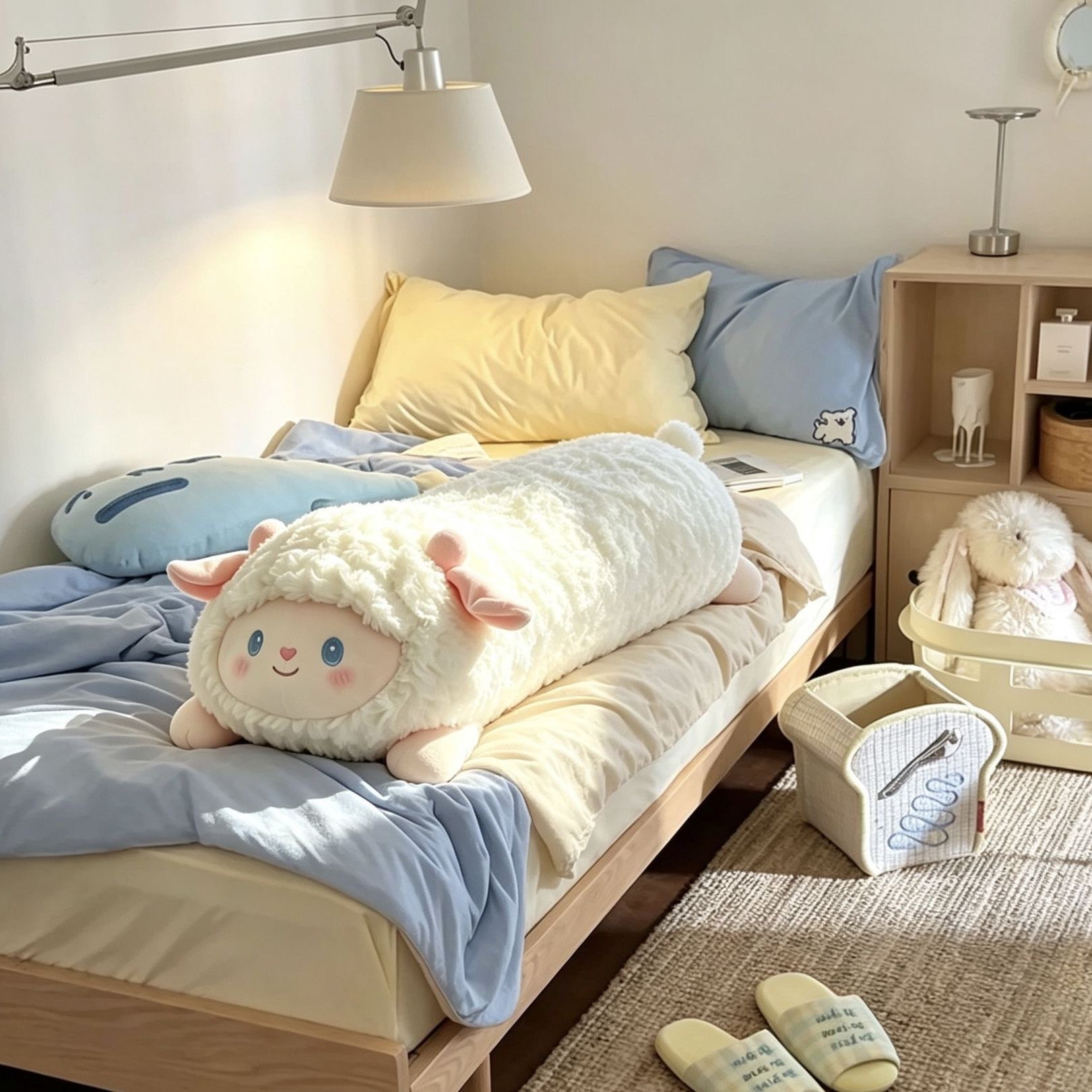 Cute fluffy little lamb long pillow plush toy for side sleeping, leg-hugging doll for bed and dormitory use