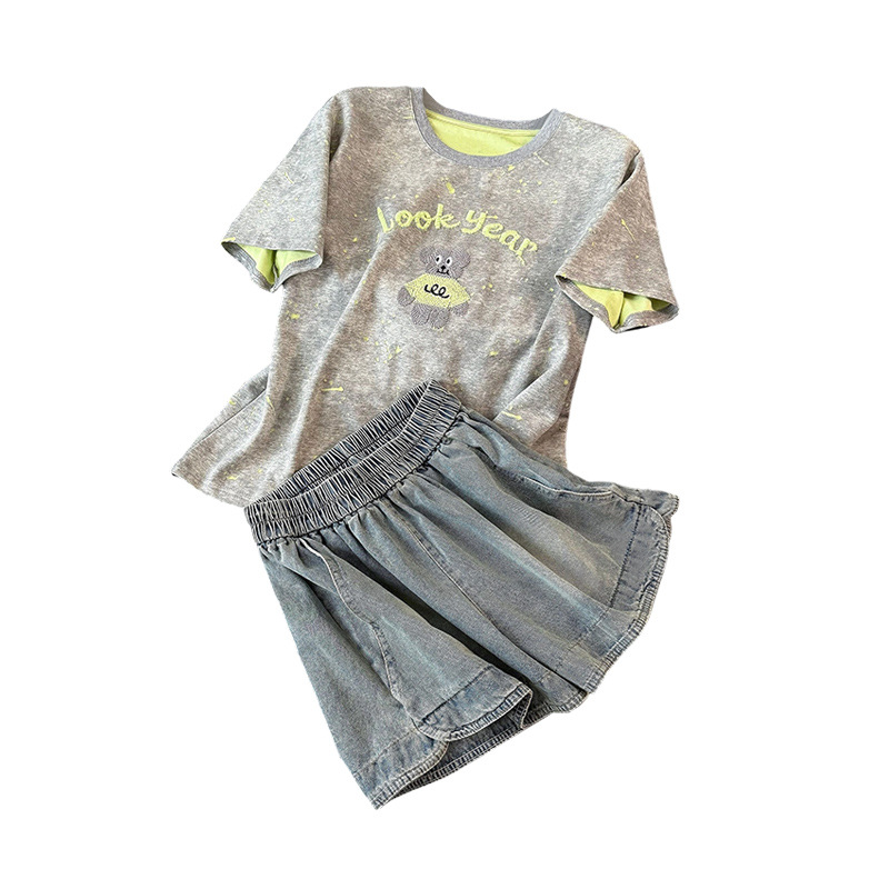 Women's Clothing Casual Fashion Sports Suit For Women Summer New Round Neck Bear Embroidery Tie Dye Top Loose Jeans Two Piece Suit_ecoleips.com