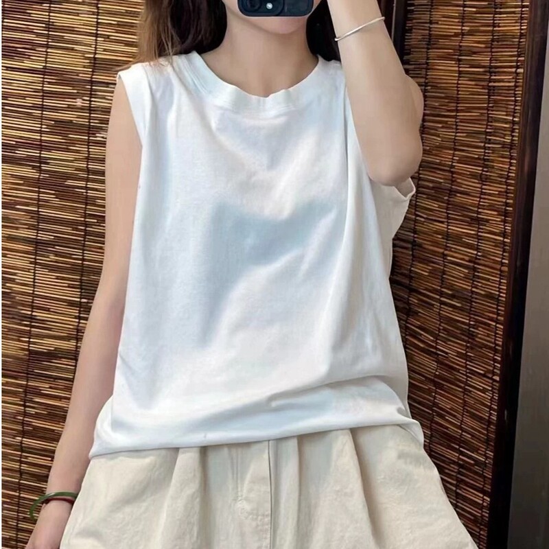 綿ルーズベストレディースアウター春夏ファットMM大きいサイズ痩身ラウンドネックノースリーブTシャツインナーレイヤリングトップ|undefined