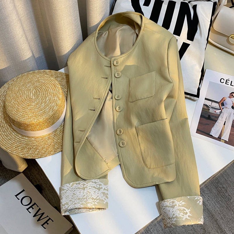 Yellow Unique Lace Design Leather Short Jacket for Women 2025 Spring New Fashion Niche Jacket Trend