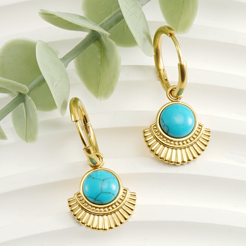 1 Pair Simple Style Round Sector Plating Inlay 304 Stainless Steel Turquoise 18K Gold Plated Drop Earrings display picture 2