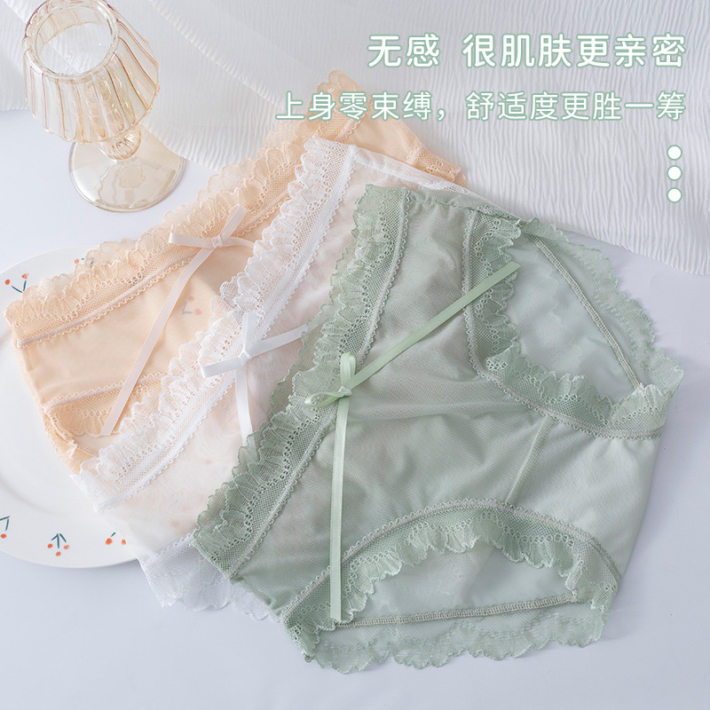 Mediados de cintura de encaje ropa interior de algodón transpirable antibacteriano arco sexy encaje puro deseo malla calzoncillos