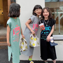 2024年女童中長款寬鬆連衣裙棉料吸汗中大童短袖夏款女孩童裝裙子