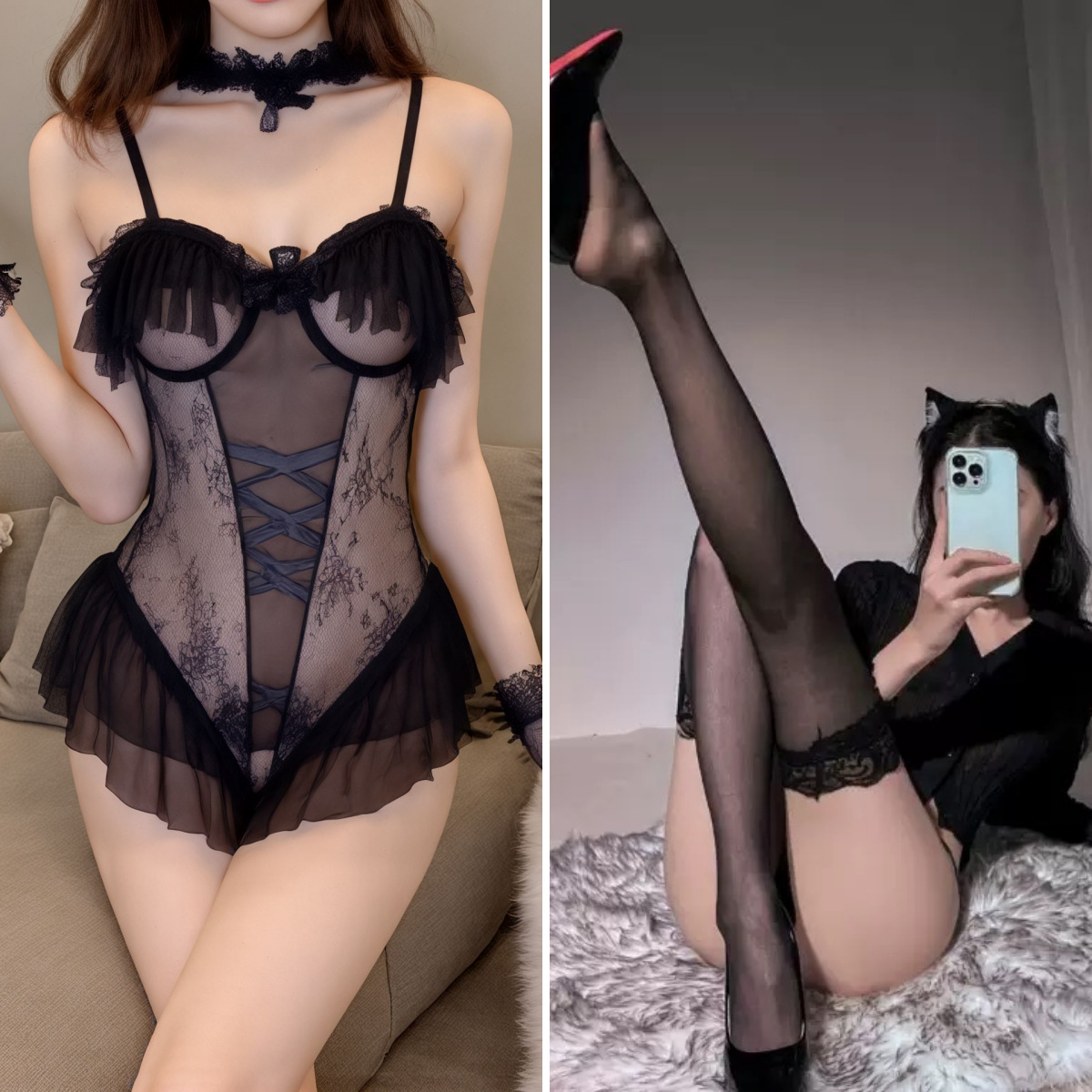 검은색 정장 + 검은색 스타킹