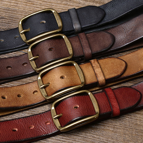 3.8CM American retro aged pleated belt men's genuine leather pin buckle first layer cowhide Korean style casual denim belt