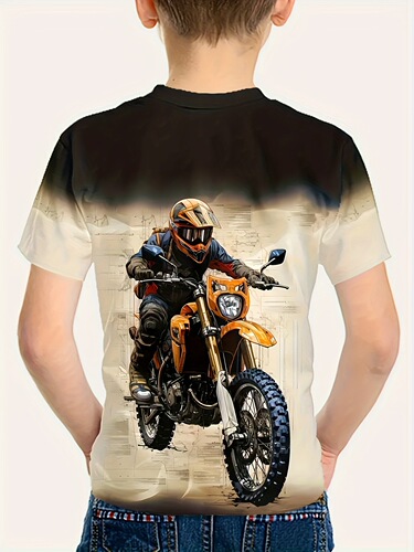 Motorcycle Pattern T-shirt for Plus Size Boys with UV Protection