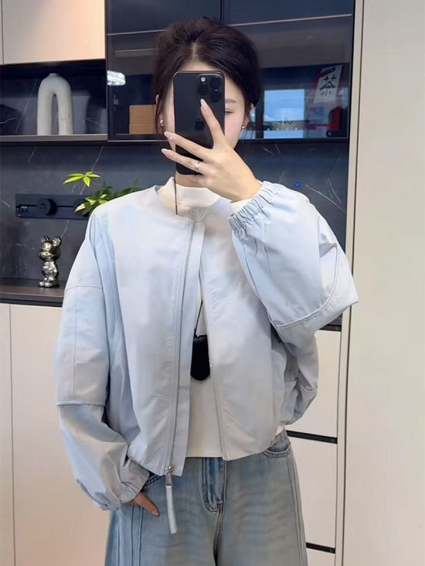 韩版简约圆领纯色短外套女2025秋季新款休闲宽松百搭小个子夹克潮|undefined