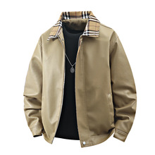 跨境电商】欧美时尚格子撞色痞帅皮衣卡其色格子翻领夹克风宽松外