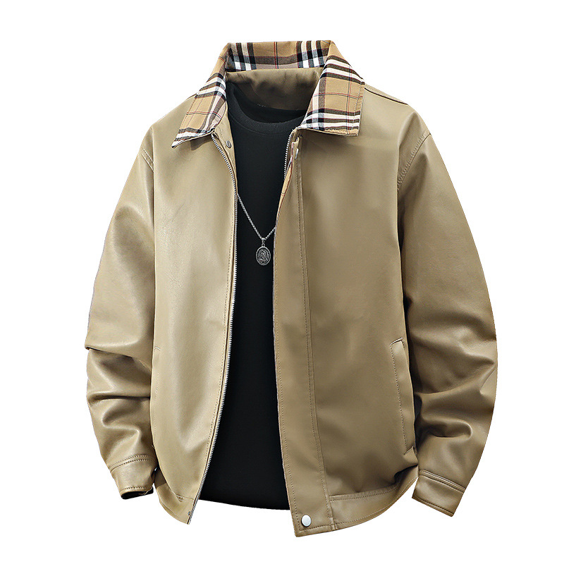 跨境电商】欧美时尚格子撞色痞帅皮衣卡其色格子翻领夹克风宽松外