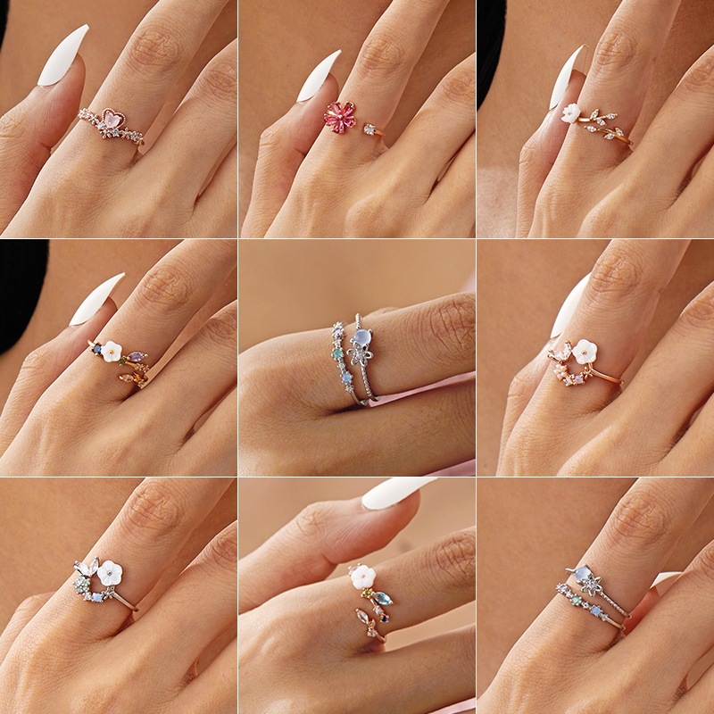 Cross-border ring women's high-end sense summer micro-inlaid zircon opening adjustable sweet love flower ring ring wholesale