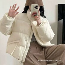 跨境嘉嘉 新款羽绒服女装短款立领斜拉链羽绒服蓝色米白色粉色黑