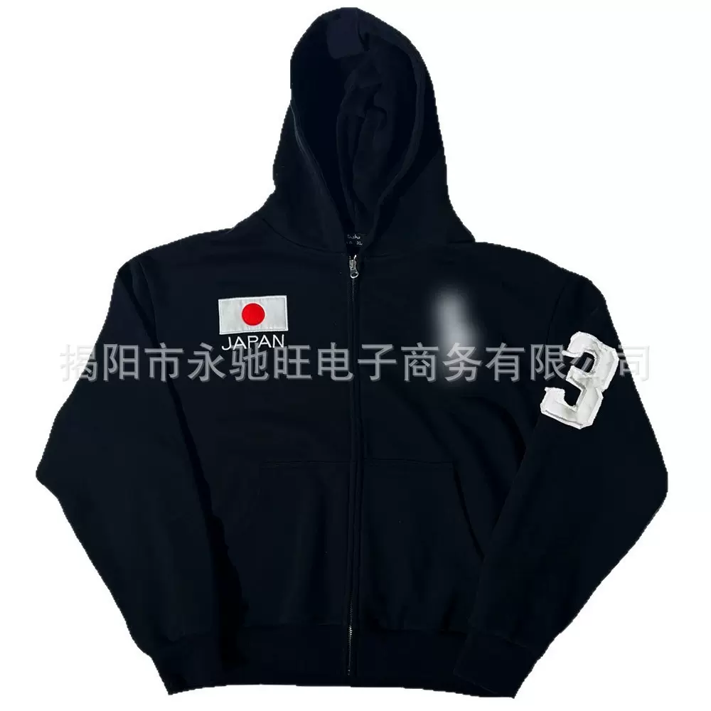 夏款美式水洗图案刺绣长袖连帽卫衣日系潮流高级感宽松休闲外套男