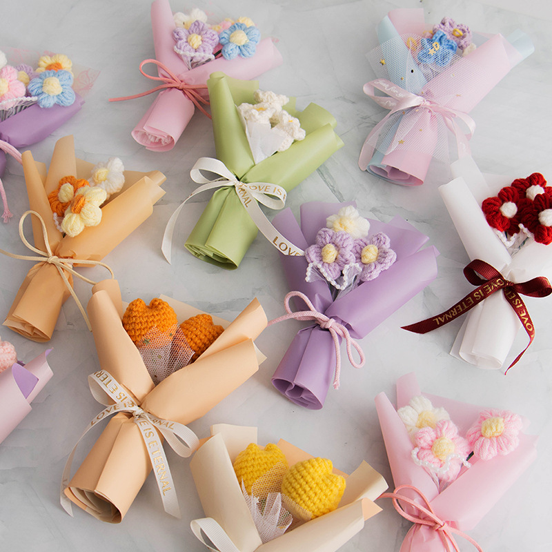 Handmade Knitted Crochet Mini Tulip Bouquet Finished Product Mini Knitted Flower Gift Decoration for Festivals