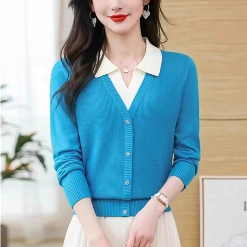 Fake Two-Piece Polo Collar Knitwear for Women Autum New Color Matching High-End Warm Korean Style Short Bottoming Top