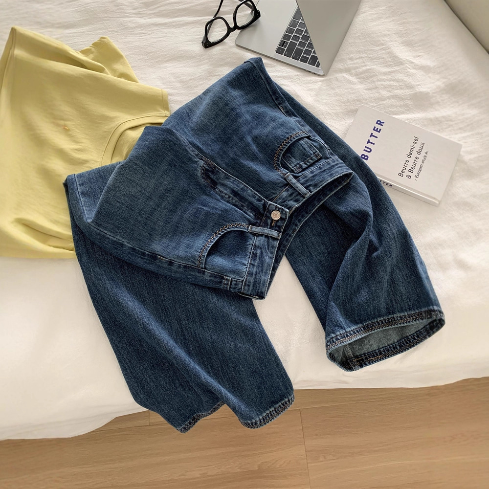 Vintage Embroidered Pocket Straight-Leg Jeans for Women, Slimming and Height-Enhancing, Narrow Wide-Leg Style, 2026 Spring and Autumn, Dark Blue Floor-Length Pants