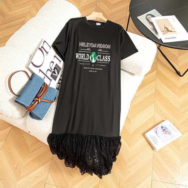 New Korean Style Plus-Size Extra-Long Dress for Women, Loose Summer Outfit, Long Over-The-Knee Lace T-Shirt Dress, Trendy