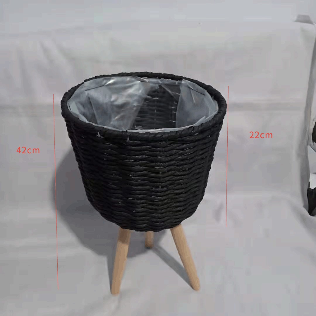 Piso de La Flor soporte de madera pierna piso flor soporte tejida flor olla sala de estar balcón decoración flor cesta paja tejido piso soporte