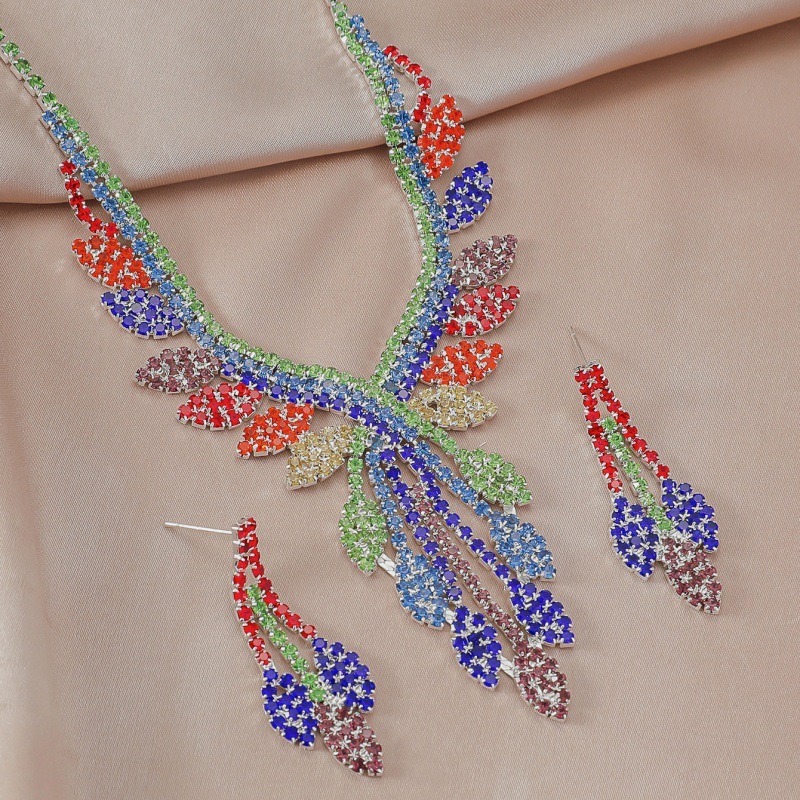 bride three piece necklace earrings grab chain mixed color rhinestone jewelry banquet jewelry set_voghion.com