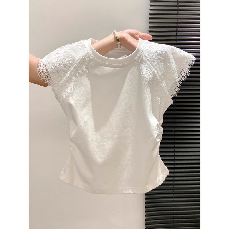 レースステッチ Tシャツレディース 2025 夏新デザインプリーツウエスト右肩ボトムストップス甘い半袖|undefined