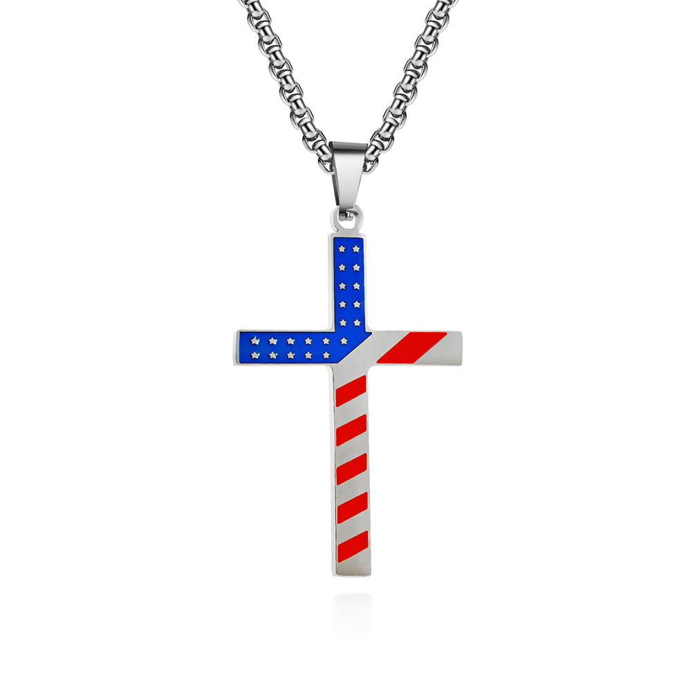 Cross-border Amazon American Star Stripes collar de cruz de acero de titanio hombres y mujeres sin género usan colgante de moda