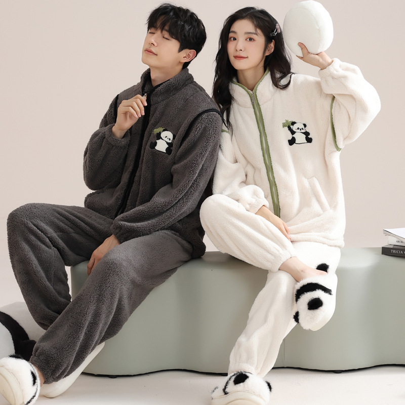 [Factory Direct Sales] Couple Pajamas 2025 New Winter Flannel Thickened Warm Zipper Cartoon Cute Home Clothes